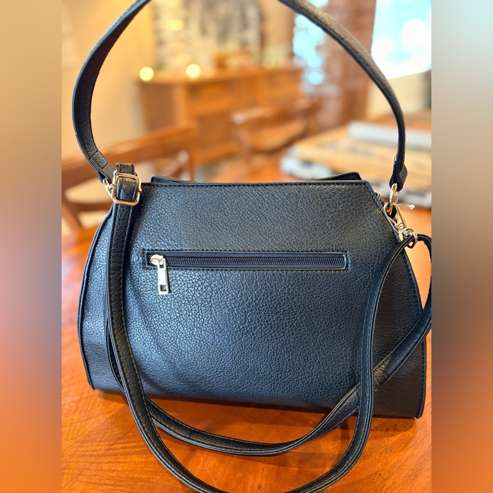 NWT, Elegant Black Leather Bag with Floral Accent, - Picture 4 of 6